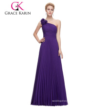 Grace Karin Sleeveless One Shoulder Flower Pleated Long Purple Chiffon Prom Dress CL3467-4